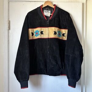 VTG Pioneer Wear Made in USA Black Suede Bomber Jacket Aztec Western Patch Men L